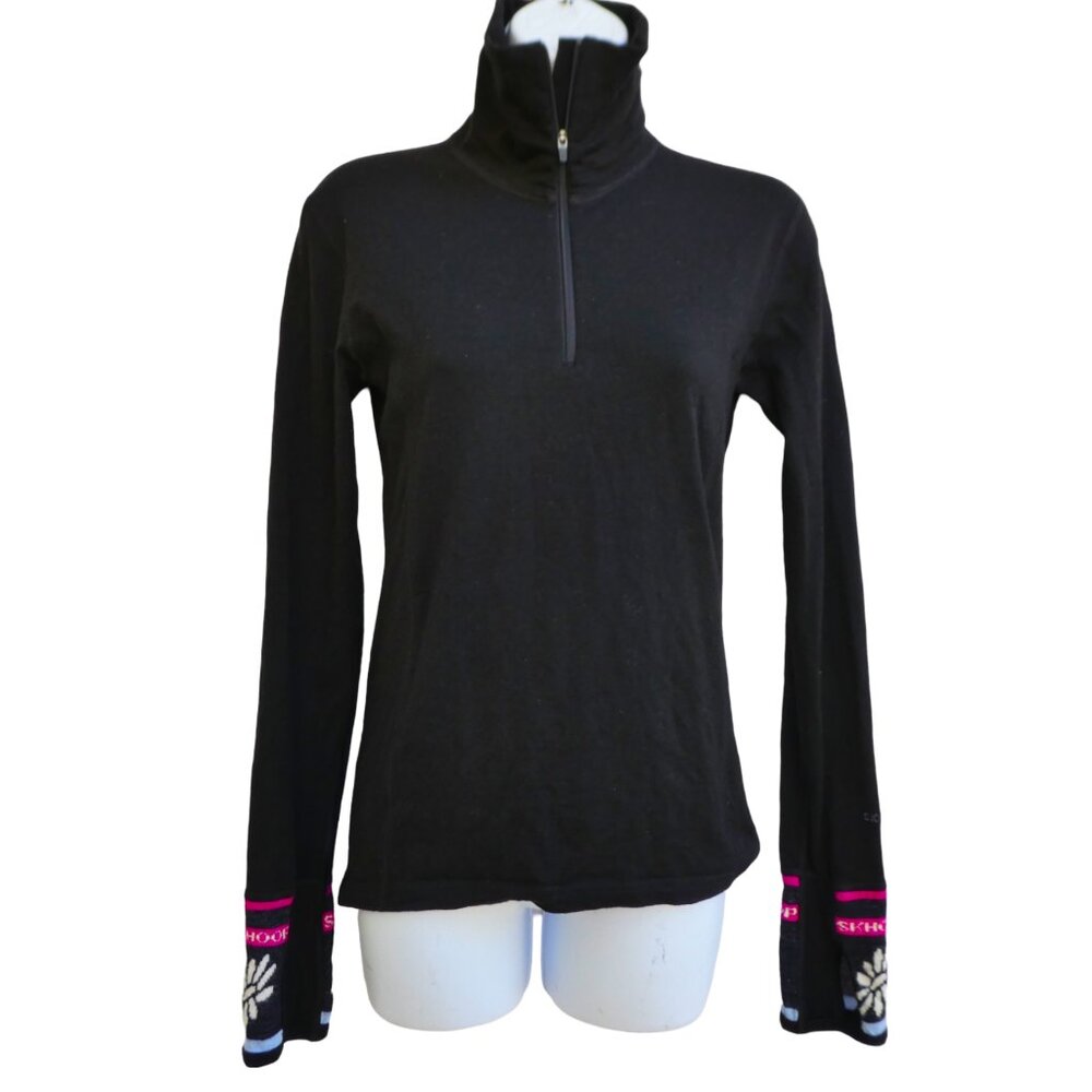 Skhoop Black Pullover Sweater Quarter Zip Thumb Holes Floral Decorative Cuff S